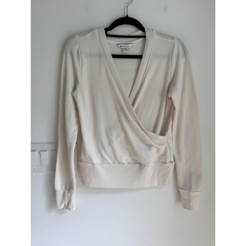 Athleta Coaster Luxe V-Neck Wrap Sweatshirt Cream White Thumbhole Small S - Picture 2 of 16